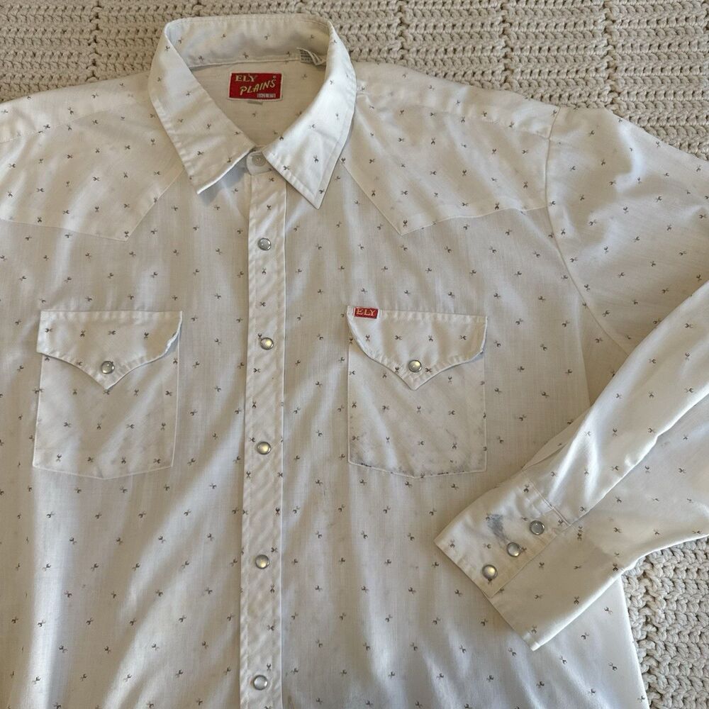 Vintage Ely Plains Western Shirt Pearl Snap 17 1/2 - 35 Size XL Printed Pattern